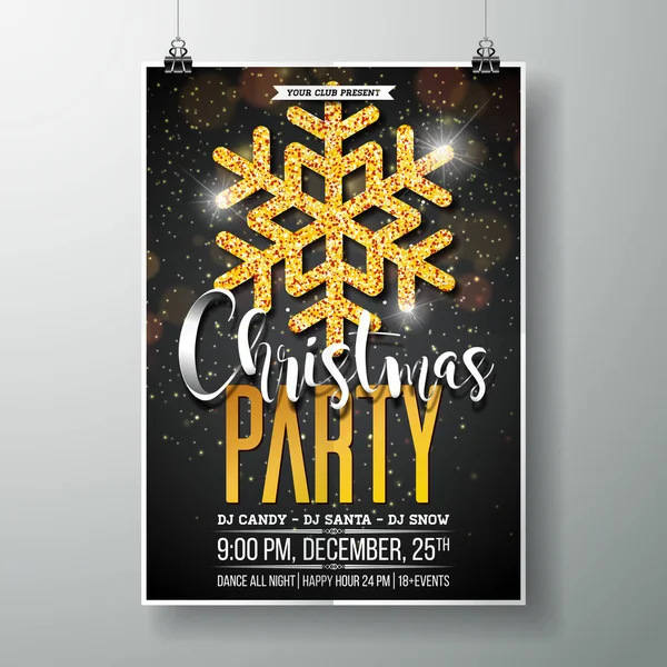 Vector Merry Christmas Party Poster Design Template con elementi di tipografia natalizia e fiocco di neve in oro lucido su sfondo scuro. — Vettoriale Stock