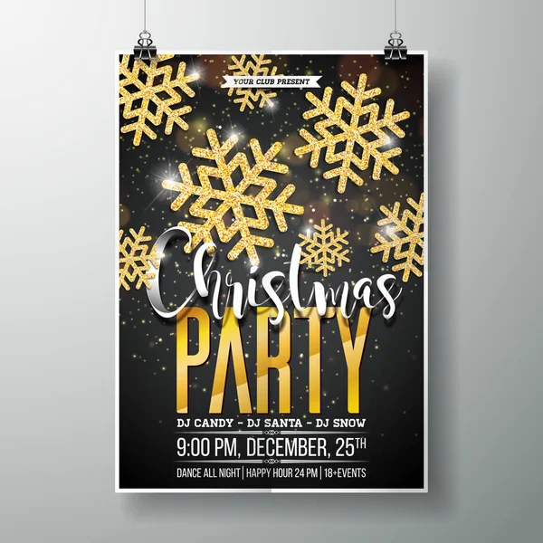 Plantilla de diseño de póster de fiesta de Navidad con elementos de tipografía navideña y copo de nieve de oro brillante sobre fondo oscuro. — Archivo Imágenes Vectoriales
