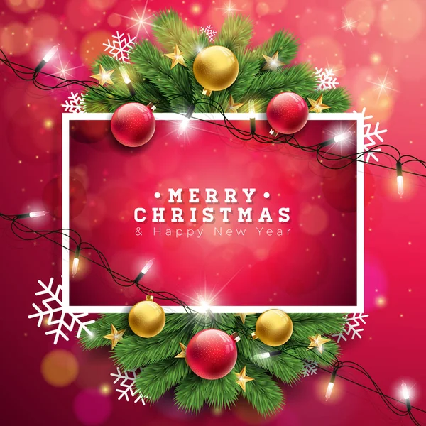 タイポグラフィとホリデーライトガーランド、パインブランチ、スノーフレークや装飾ボールと赤の背景にベクターメリークリスマスイラスト。あけましておめでとうございます。. — ストックベクタ