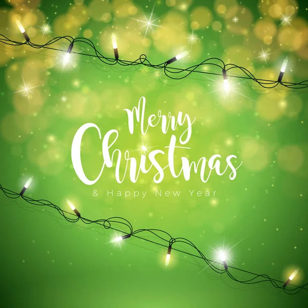 Veselé Vánoce Vektor ilustrace na zeleném pozadí s typografií a Holiday Light Garland. — Stockový vektor