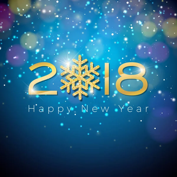 Ano novo feliz do vetor 2018 ilustração na iluminação brilhante fundo azul com tipografia . — Vetor de Stock
