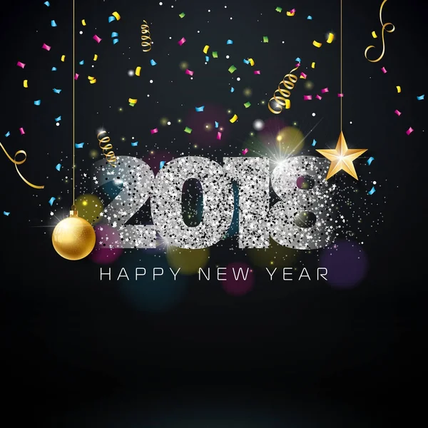 Illustrazione felice anno nuovo vettoriale 2018 su sfondo di illuminazione brillante con design tipografico. — Vettoriale Stock