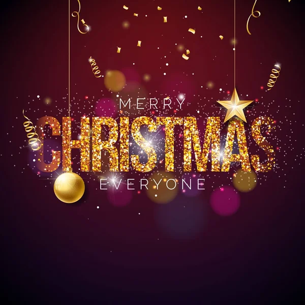 Merry Christmas vectorillustratie op Shiny Bright achtergrond met typografie en vakantie elementen. Knipsel papieren sterren, Confetti, Serpentine en decoratieve bal. — Stockvector