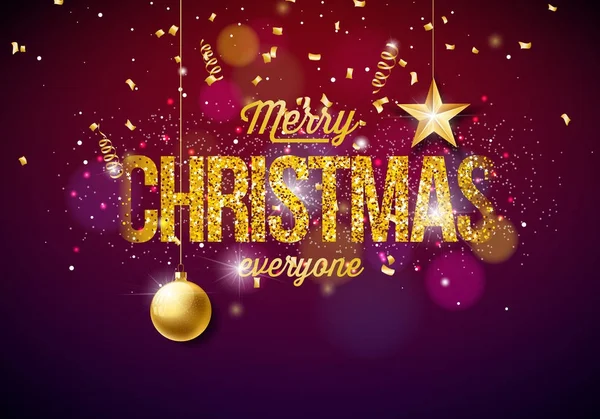 Vector Merry Christmas Illustration on Shiny Bright background with Typography and Holiday Elements. Cutout Paper Stars, Confetti, Serpentine and Ornamental Ball. — Stock Vector
