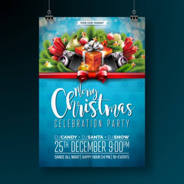 Tatil tipografisi unsurları ve parlak arka planda hoparlörleri olan Mutlu Noeller partisi tasarımı. Kutlama Fliyer Illustration. EPS 10.