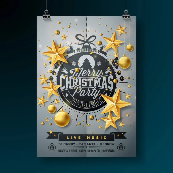 Vector Merry Christmas Party Design avec des éléments de typographie de vacances et des boules ornementales sur fond propre. Fête Fliyer Illustration. SPE 10. — Image vectorielle