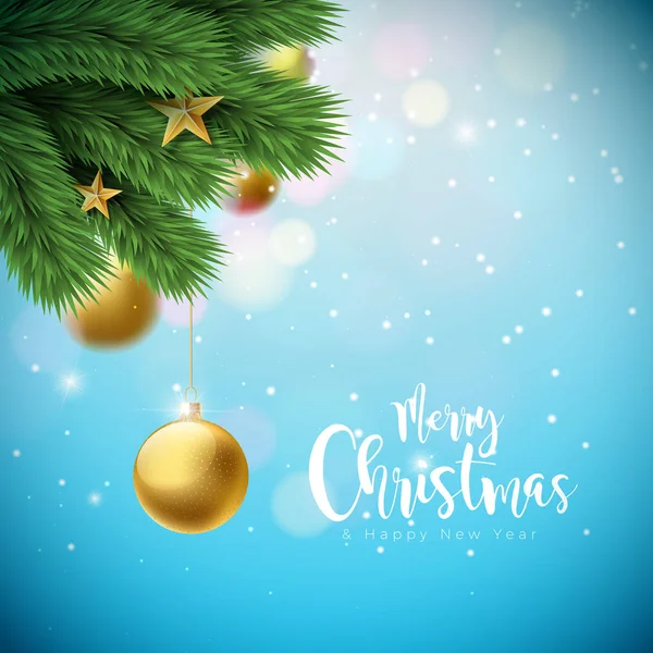 光沢のある青の背景に装飾的なボールと松の枝とベクターメリークリスマスイラスト。グリーティングカード、ポスター、バナーのためのハッピーニューイヤータイポグラフィデザイン. — ストックベクタ