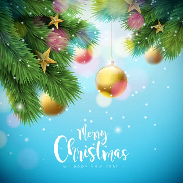 光沢のある青の背景に装飾的なボールと松の枝とベクターメリークリスマスイラスト。グリーティングカード、ポスター、バナーのためのハッピーニューイヤータイポグラフィデザイン. — ストックベクタ