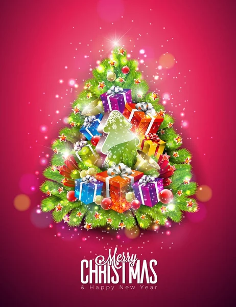 Vector Merry Christmas Illustration auf leuchtend rotem Hintergrund mit Typografie und Feiertags-Geschenk-Box, Kiefernzweig, Schneeflocken und Zierkugel. Frohes neues Jahr. — Stockvektor