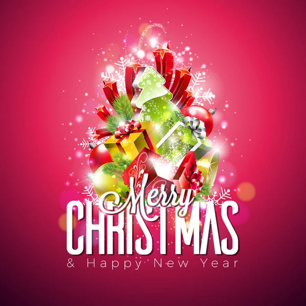 タイポグラフィとホリデーライトガーランド、パインブランチ、スノーフレークや装飾ボールと光沢のある赤の背景にベクトルメリークリスマスイラスト。あけましておめでとうございます。. — ストックベクタ