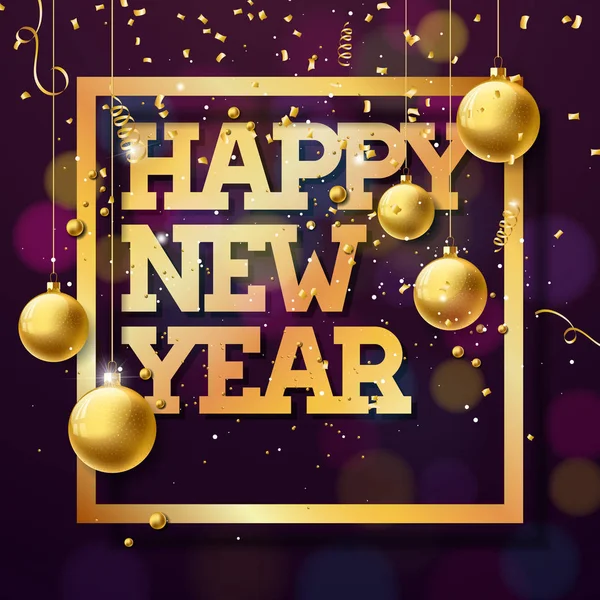 Vector Feliz Año Nuevo 2018 Ilustración con diseño tipográfico dorado brillante y bolas ornamentales sobre fondo confeti. EPS 10. — Vector de stock