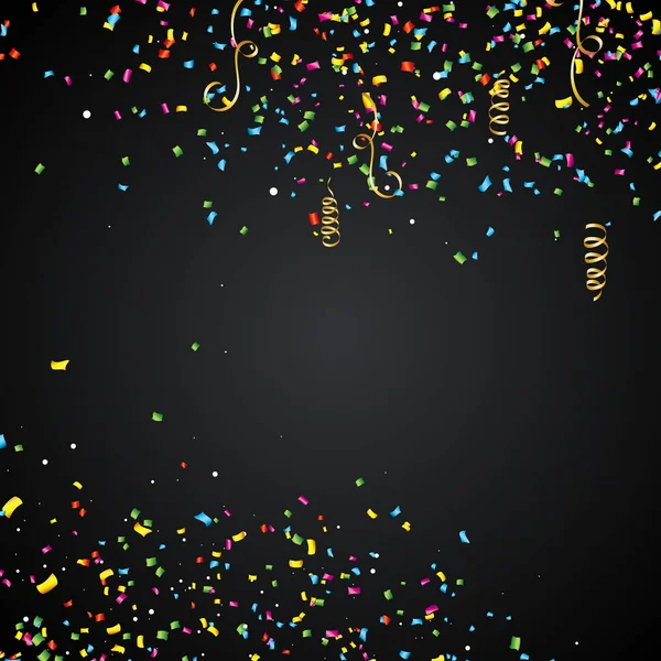 Ilustración abstracta de vectores con confeti colorido y cinta sobre fondo oscuro. — Vector de stock