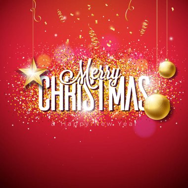 Vektör Merry Christmas illüstrasyon parlak parlak zemin tipografi ve tatil elemanları üzerine. Kesme kağıt yıldız, konfeti, serpantin ve süsleme top.