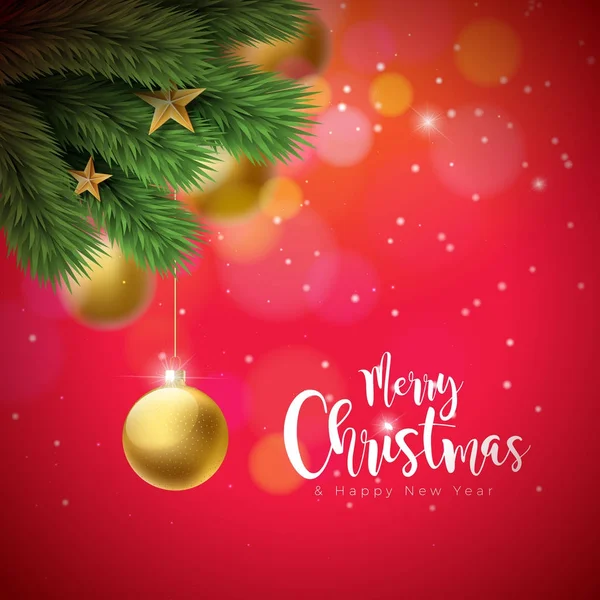 光沢のある赤の背景に装飾的なボールと松の枝とベクターメリークリスマスイラスト。グリーティングカード、ポスター、バナーのためのハッピーニューイヤータイポグラフィデザイン. — ストックベクタ