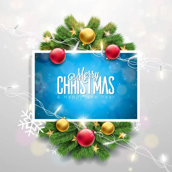 Vector Merry Christmas Illustration auf leuchtend rotem Hintergrund mit Typografie und Holiday Light Girland, Kiefernzweig, Schneeflocken und Zierkugel. Frohes neues Jahr. — Stockvektor