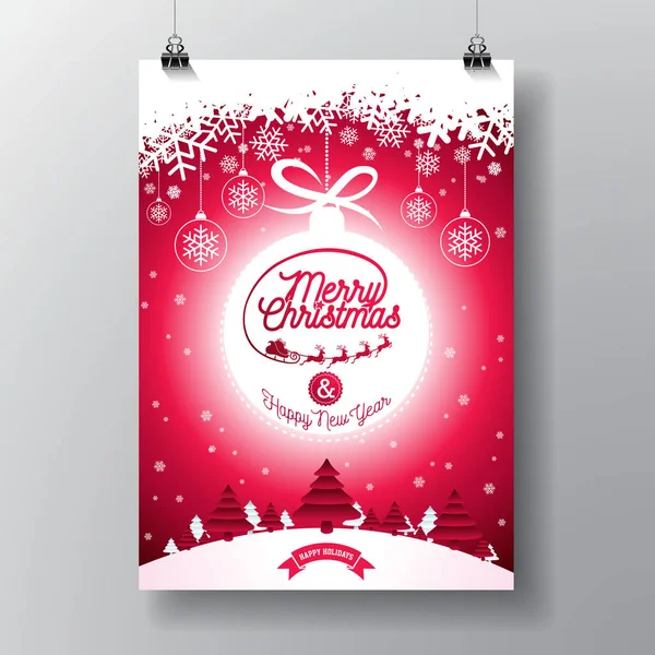 Feliz Navidad ilustración con tipografía y decoración de adornos en el fondo del paisaje de invierno. Vector Navidad vacaciones volante o diseño de póster. — Vector de stock