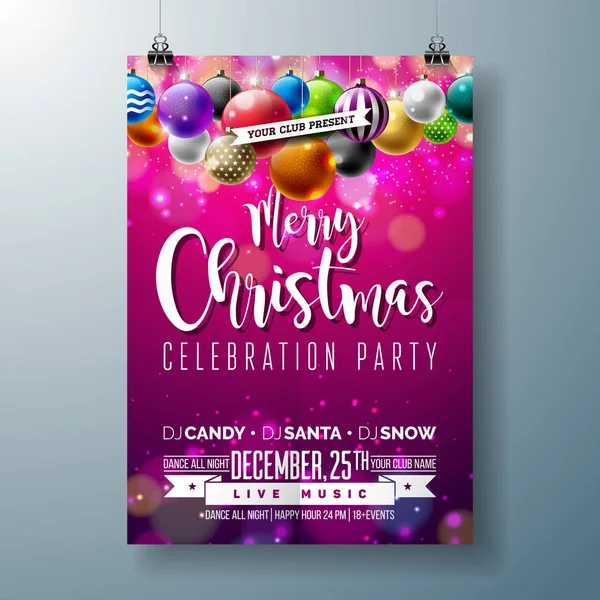 Wektor Merry Christmas Party Design z elementów typograficznych wakacje i wielokolorowe ozdobne kulki na błyszczącym tle. Świętowanie ilustracji Fliyera. EPS 10. — Wektor stockowy