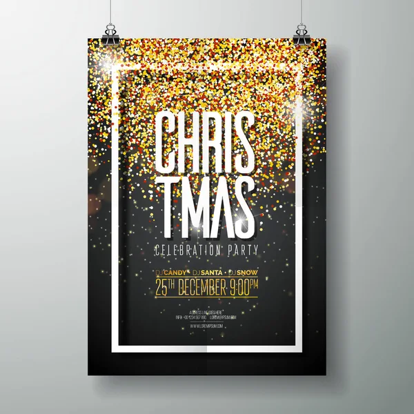 矢量快乐圣诞派对海报设计模板与假日字体元素和黑暗背景下的新光. — 图库矢量图片