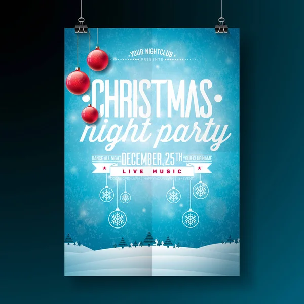 Vector Merry Christmas Party Flyer Illustrazione con tipografia ed elementi natalizi su sfondo blu. Inverno Paesaggio invito modello poster. — Vettoriale Stock