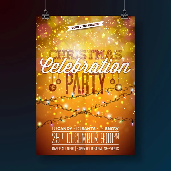 Vector Merry Christmas Party Design con elementi di tipografia natalizia e ghirlanda chiara su sfondo lucido. Celebration Flyer Illustrazione. EPS 10. — Vettoriale Stock