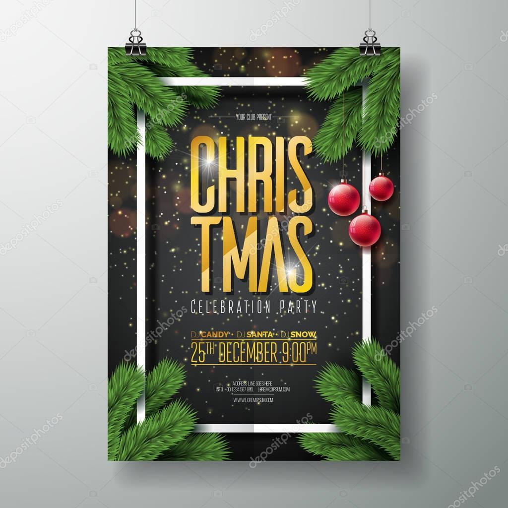 Vector Merry Christmas Party Poster Design Template with Holiday Typography Elements, pine branch and red glass ball on Dark Background.