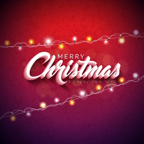 3Dタイポグラフィデザインと光沢のある赤の背景にホリデーライトガーランドベクトルメリークリスマスイラスト。あけましておめでとうございます。. — ストックベクタ