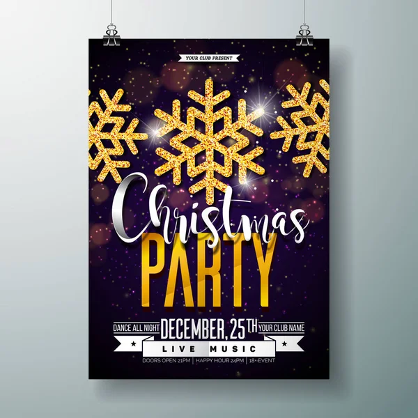 Vector Merry Christmas Party Poster Design Template with Holiday Typography Elements and Shiny Gold Snowflake on Dark Background.