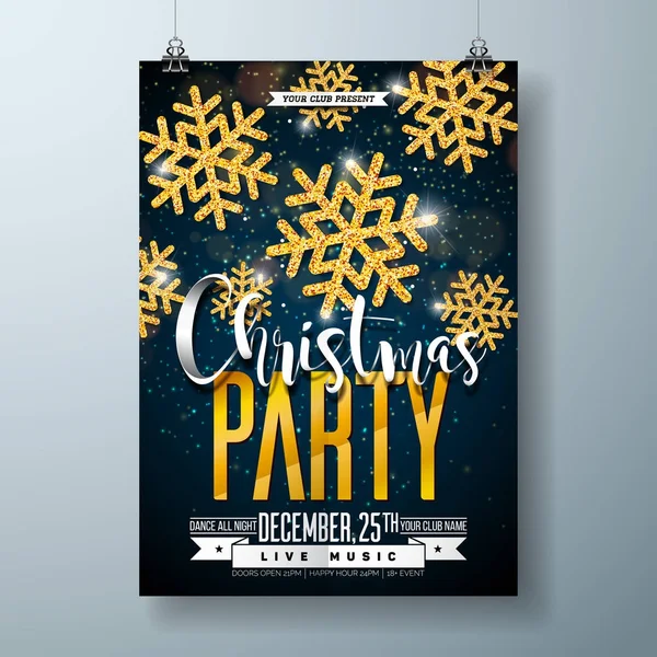 Vector Vrolijk Kerstfeest Poster Ontwerp Sjabloon met Vakantie Typografie Elementen en Glanzend Goud Sneeuwvlok op Donkere Achtergrond. — Stockvector