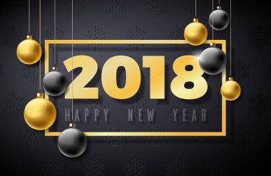 Altın Numaralı Yeni Yıl İllüstrasyonunuz ve Siyah Arkaplanda Süslü Balonuz kutlu olsun. Premium Tebrik Kartı, Parti Daveti veya Tanıtım Sancağı için Vektör Tatil Tasarımı.