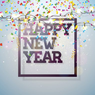 Parlak Konfeti Arkaplanı 'nda Typography Design ve Light Garland ile Mutlu Yıllar 2018 İllüstrasyonu. Premium Tebrik Kartı, Parti Davetiyesi veya Tanıtım Sancağı İçin Tatil Tasarımı.