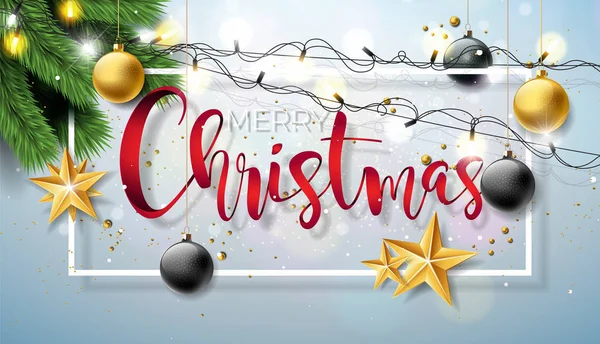 Vector Merry Christmas Illustration auf glänzendem Hintergrund mit Typografie und Holiday Light Girland, Kiefernzweig, Schneeflocken und Zierkugel. Urlaubsdesign für Premium-Grußkarten. — Stockvektor