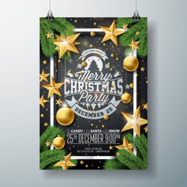 Vector Christmas Party Flyer Design with Holiday Typography Elements and Süs Ball, Pine Branch and Gold Cuter Paper Star on Black Background. Premium Kutlama Posteri İllüstrasyonu.