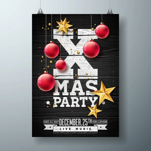 Vector Christmas Party Flyer Design with Holiday Typography Elements and Ornamental Ball, Cutout Paper Star on Vintage Wood Background. Premium Celebration Poster Illustration. — Stock Vector