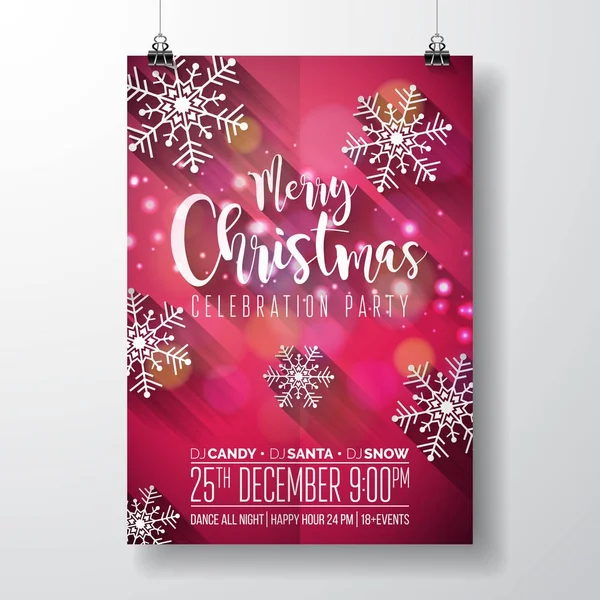 Vector Merry Christmas Party Design con elementos tipográficos navideños y copos de nieve con sombra larga sobre fondo rojo. Ilustración del folleto de celebración. — Archivo Imágenes Vectoriales