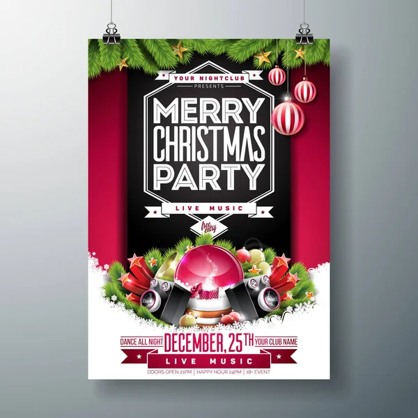 Vector Merry Christmas Party Flyer Illustrazione con elementi di tipografia natalizia e palline ornamentali, altoparlante, globo di neve su sfondo rosso. Celebrazione Poster Design. EPS10. — Vettoriale Stock