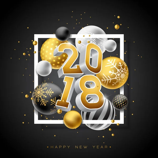Altın 3d Numarası ve Siyah Arkaplanda Süslü Balo ile Yeni Yıl 2018 İllüstrasyonunuz kutlu olsun. Premium Tebrik Kartı, Parti Daveti veya Tanıtım Sancağı için Vektör Tatil Tasarımı. — Stok Vektör