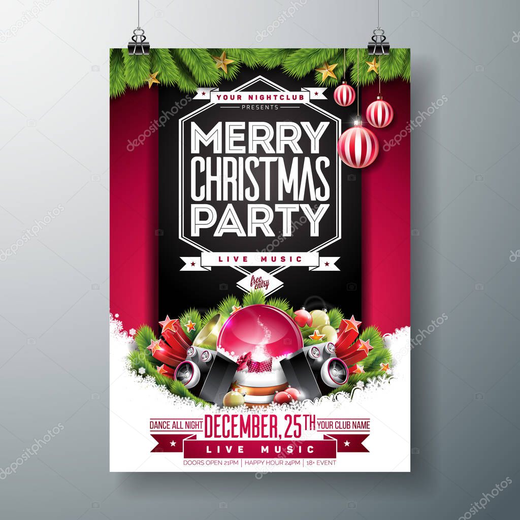 Vector Merry Christmas Party Flyer Illustration with Holiday Typography Elements and Ornamental Balls, Speaker, Snow Globe on Red Background. Celebration Poster Design. EPS10.