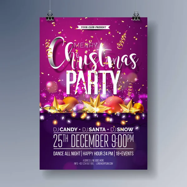 Vector Merry Christmas Party Flyer Illustration with Holiday Typography Elements and Ornamental Balls, Cutout Paper Star, Light Garland on Shiny Background. Celebration Poster Design. EPS10. — Stock Vector