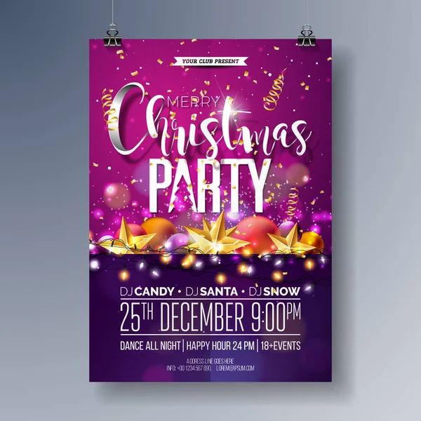 Vector Vrolijk Kerstfeest Flyer Illustratie met vakantie Typografie Elementen en decoratieve ballen, Cutout Paper Star, Licht slinger op glanzende achtergrond. Feestposter ontwerp. EPS10. — Stockvector