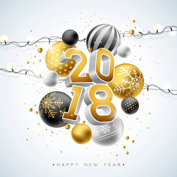 2018 feliz ano novo ilustração com ouro 3d número, luz guirlanda e bola ornamental no fundo branco. Design de férias vetorial para cartão de felicitações premium, convite do partido ou banner promocional . — Vetor de Stock