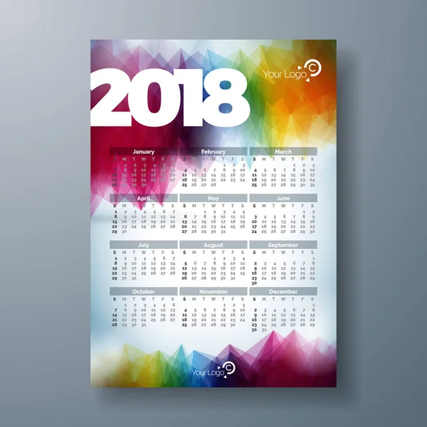 Vektorkalender 2018 Vorlage Illustration mit weißer Zahl auf abstraktem buntem Hintergrund. Woche beginnt am Sonntag. — Stockvektor