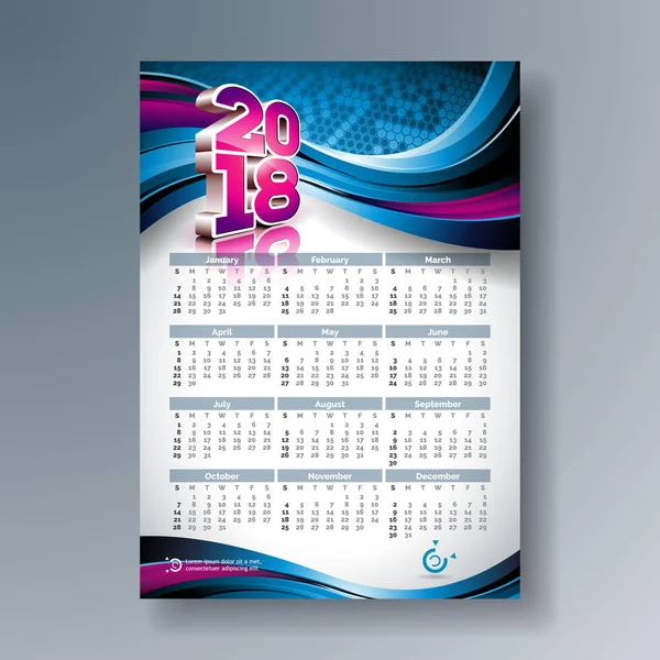 Vector Calendar 2018 Template Illustration mit 3D-Zahl auf leuchtend blauem Hintergrund. Woche beginnt am Sonntag. — Stockvektor