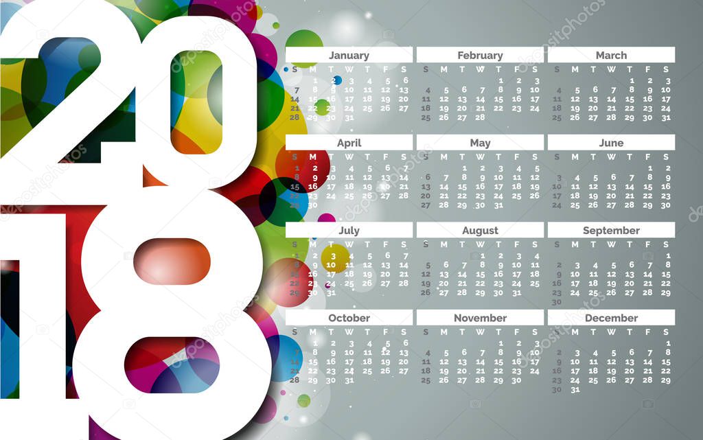 Vector Calendar 2018 Template Illustration with White Number on Abstract Colorful Background. Week Starts on Sunday.