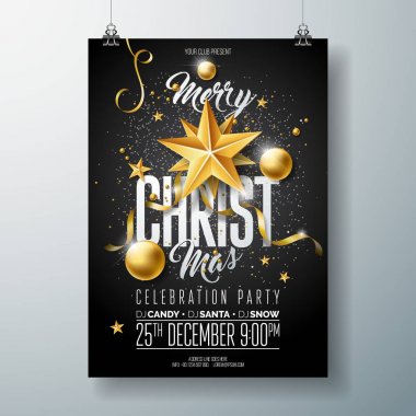 Vector Merry Christmas Party Flyer Illustration with Holiday Typography Elements and Gold Süsleental Ball, Cuter Paper Star on Black Background. Kutlama Posteri Tasarımı. EPS10.