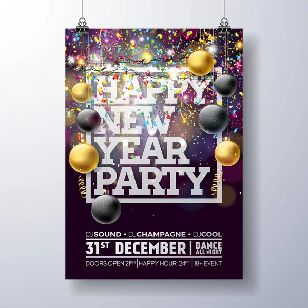 Silvesterfeier Poster Template Illustration mit Typografie-Design, Glaskugel und fallendem Konfetti auf leuchtend buntem Hintergrund. Vector Holiday Premium Einladungsflyer oder Werbebanner. — Stockvektor