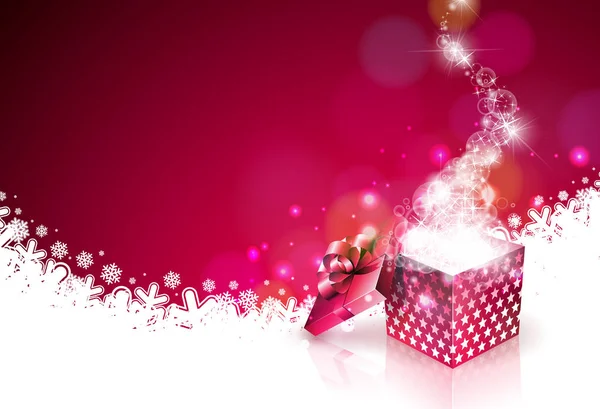 Ilustración de Navidad sobre fondo rojo brillante con caja de regalo mágica. Diseño de vacaciones vectorial para tarjeta de felicitación premium, invitación de fiesta o banner promocional. — Archivo Imágenes Vectoriales