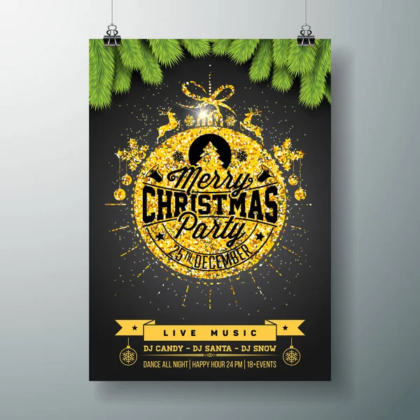 Design de folheto de festa de Natal com elementos de tipografia de férias brilhantes e ramificação de pinho no fundo preto. Ilustração do Cartaz de Celebração Premium . — Vetor de Stock