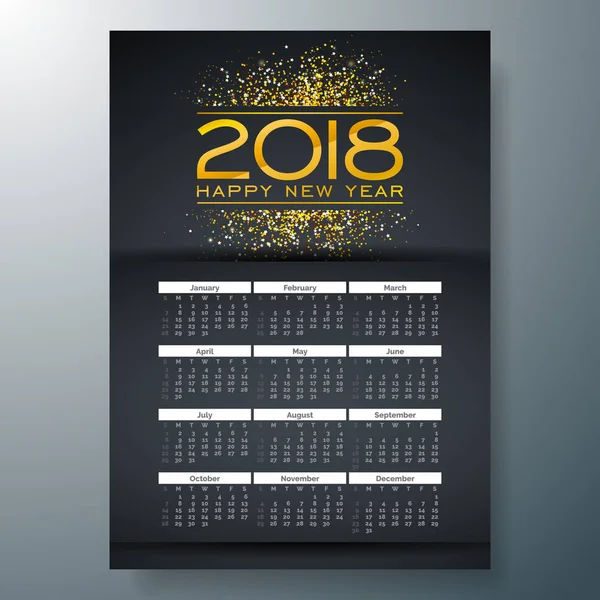 Kalendervorlage für 2018 mit goldglänzender Zahl auf schwarzem Hintergrund. Die Woche beginnt am Sonntag. Vektordesign. — Stockvektor