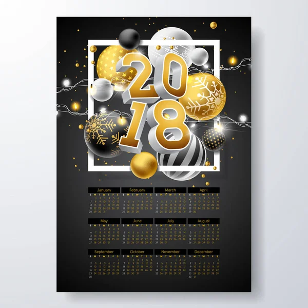 Vector Calendar 2018 Template Illustration mit Gold 3D-Zahl, Weihnachtskugel und Lichterkette auf schwarzem Hintergrund. Woche beginnt am Sonntag. — Stockvektor