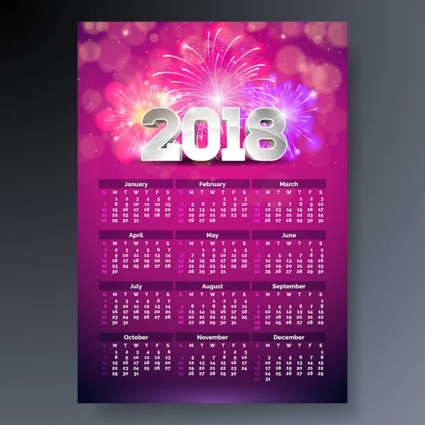 2018 Kalendervorlage Illustration mit 3D-Zahl auf glänzendem Feuerwerk Hintergrund. Die Woche beginnt am Sonntag. Vektordesign. — Stockvektor